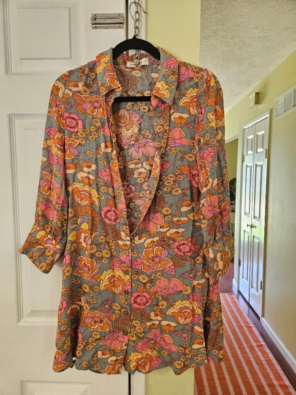 Natural Life 70s retro flowered yellow, orange, pink, grey tunic/short dress, S
